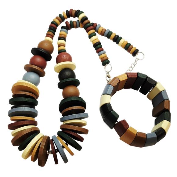 Bohemian (Boho) Colored Wooden Necklace & Bracelet Set - Picture 1 of 5